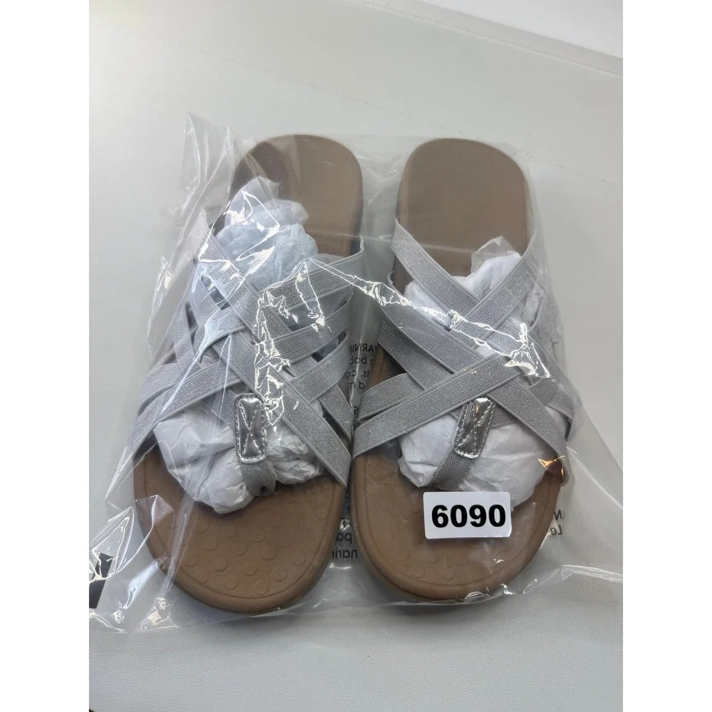 Vionic Tia Silver Metallic Strappy Orthotic Thong Sandals Womens 12 NEW